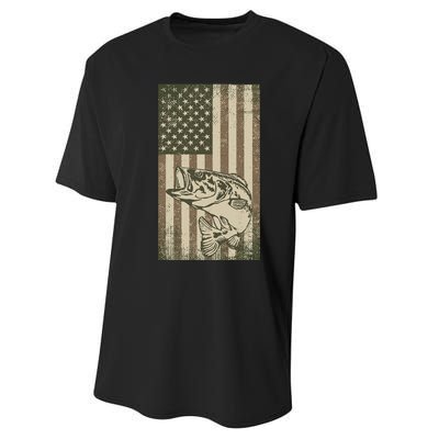 Vintage Outdoor Big Bass Fish Camouflage USA Fisherman Flag Performance Sprint T-Shirt