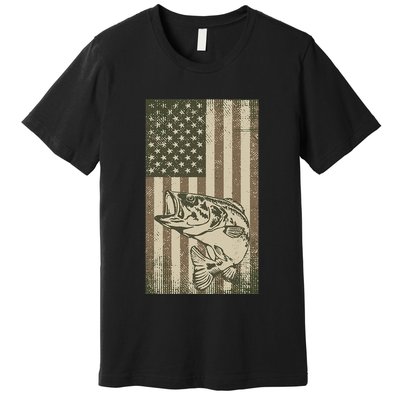 Vintage Outdoor Big Bass Fish Camouflage USA Fisherman Flag Premium T-Shirt