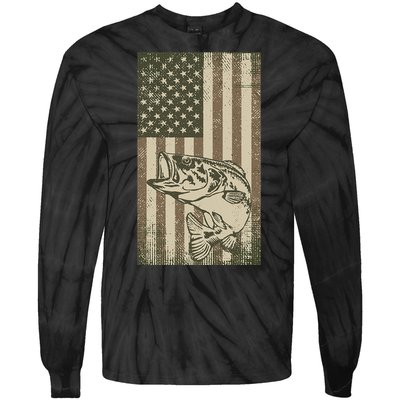 Vintage Outdoor Big Bass Fish Camouflage USA Fisherman Flag Tie-Dye Long Sleeve Shirt