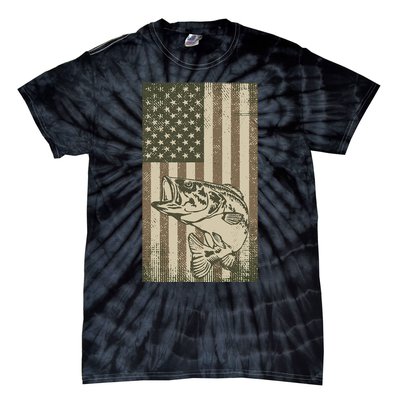 Vintage Outdoor Big Bass Fish Camouflage USA Fisherman Flag Tie-Dye T-Shirt