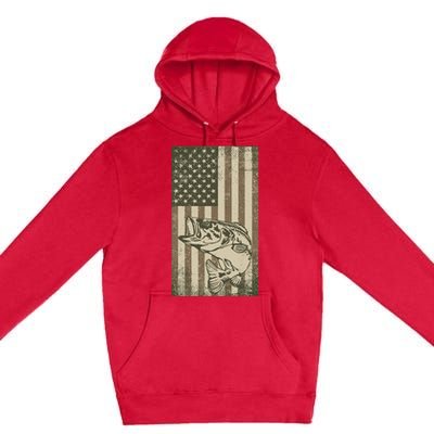 Vintage Outdoor Big Bass Fish Camouflage USA Fisherman Flag Premium Pullover Hoodie