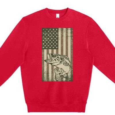 Vintage Outdoor Big Bass Fish Camouflage USA Fisherman Flag Premium Crewneck Sweatshirt