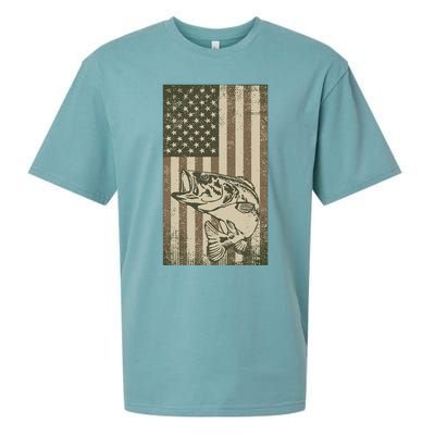 Vintage Outdoor Big Bass Fish Camouflage USA Fisherman Flag Sueded Cloud Jersey T-Shirt