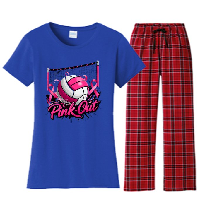 Volleyball Out Breast Cancer Awareness Ribbon Women's Flannel Pajama Set