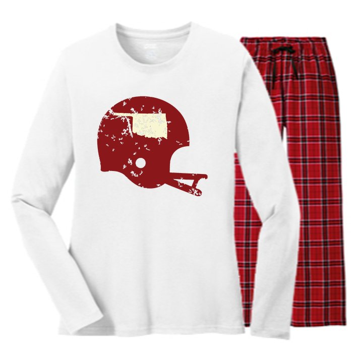 Vintage Oklahoma Football Helmet State Outline Women's Long Sleeve Flannel Pajama Set 