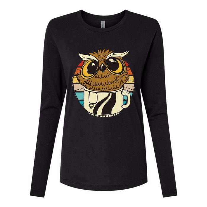 Vintage owl inside a coffee cup coffee night owl Womens Cotton Relaxed Long Sleeve T-Shirt