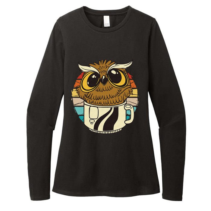 Vintage owl inside a coffee cup coffee night owl Womens CVC Long Sleeve Shirt