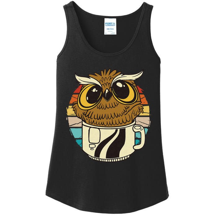 Vintage owl inside a coffee cup coffee night owl Ladies Essential Tank