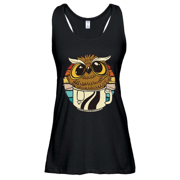 Vintage owl inside a coffee cup coffee night owl Ladies Essential Flowy Tank