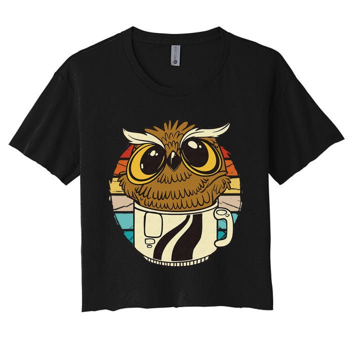 Vintage owl inside a coffee cup coffee night owl Women's Crop Top Tee