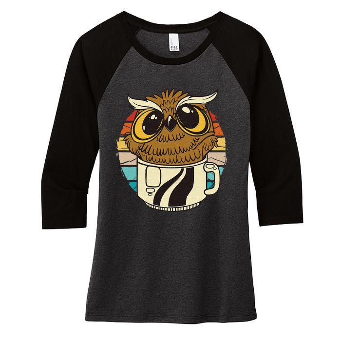 Vintage owl inside a coffee cup coffee night owl Women's Tri-Blend 3/4-Sleeve Raglan Shirt