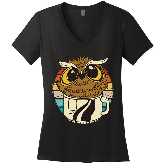 Vintage owl inside a coffee cup coffee night owl Women's V-Neck T-Shirt