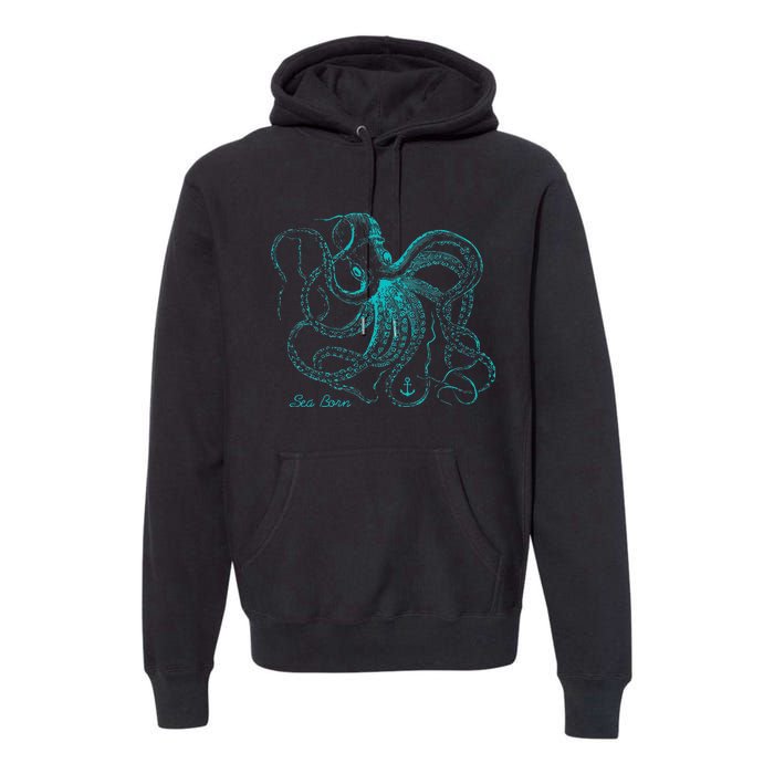 Vintage Octopus Marine Biologist Design Green Sea Life Premium Hoodie