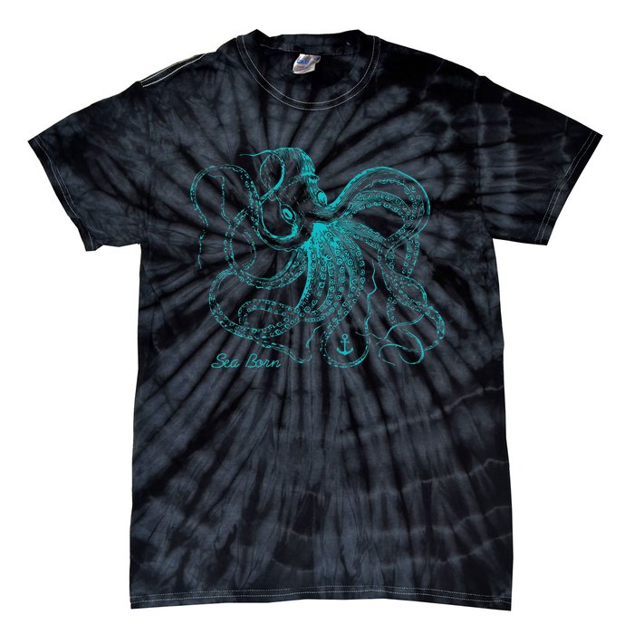 Vintage Octopus Marine Biologist Design Green Sea Life Tie-Dye T-Shirt