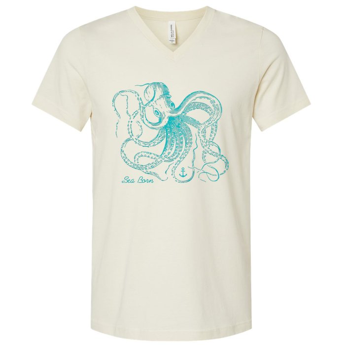 Vintage Octopus Marine Biologist Design Green Sea Life V-Neck T-Shirt