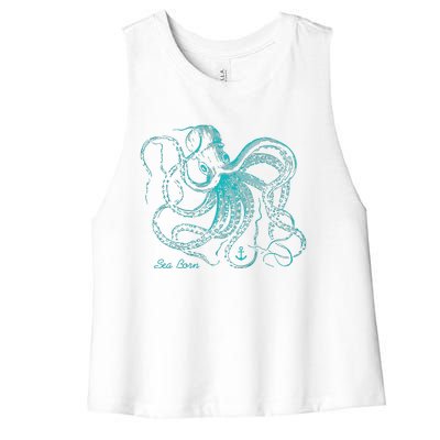 Vintage Octopus Marine Biologist Design Green Sea Life Women's Racerback Cropped Tank