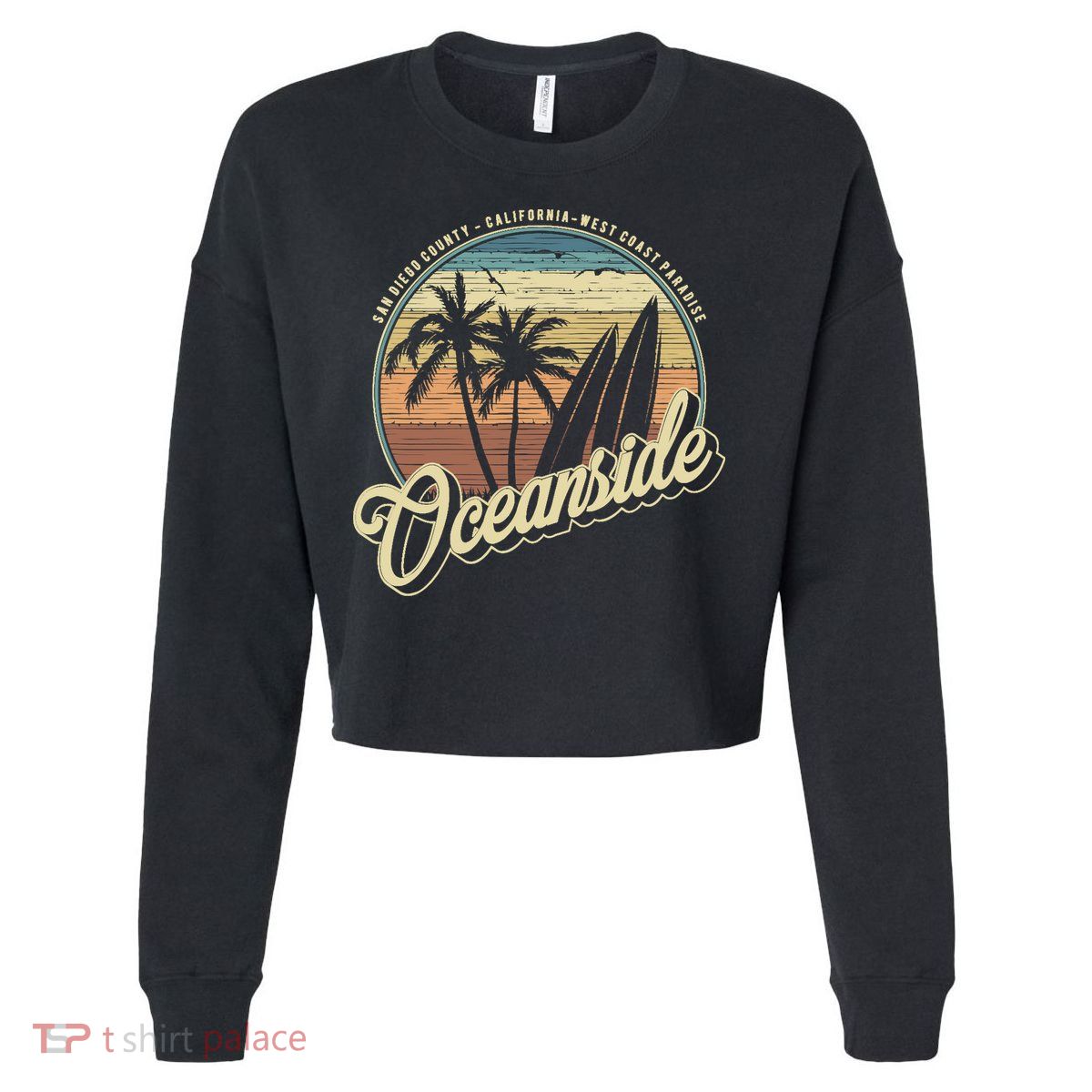 Vintage Oceanside San Diego County California Surf Style Cropped Pullover Crew