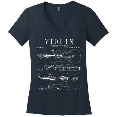 Violin Old Vintage Patent Drawing Print Women's V-Neck T-Shirt