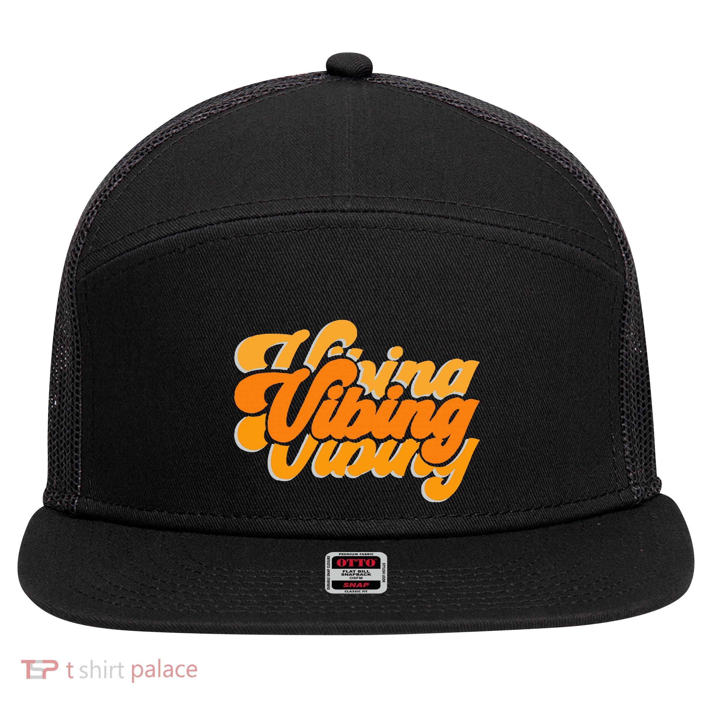 Vibing Orange Vibes Only Color Graphic 7 Panel Mesh Trucker Snapback Hat