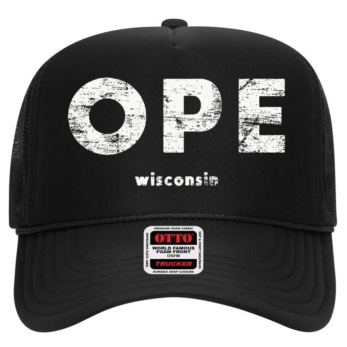 Vintage Ope Wisconsin T Up North High Crown Mesh Back Trucker Hat