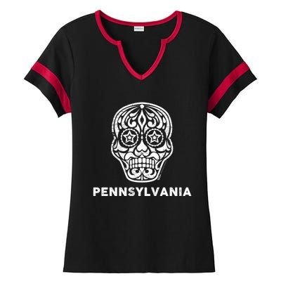 Vintage Pennsylvania 4th Of July Sugar Skull Cute Gift Ladies Halftime Notch Neck Tee