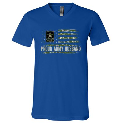 Vintage Proud Army Husband Camo American Flag Veteran Gift Funny Gift V-Neck T-Shirt