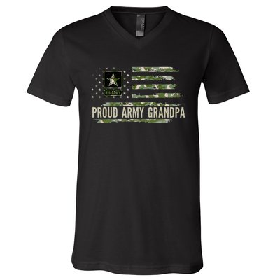 Vintage Proud Army Grandpa Camo American Flag Veteran Gift V-Neck T-Shirt