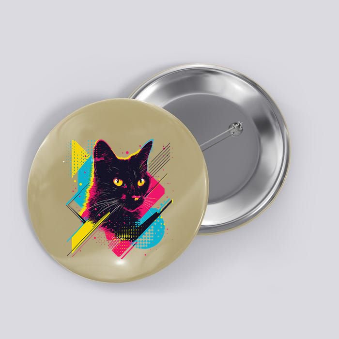 Vibrant Pop Art Cat With Geometric Patterns Button