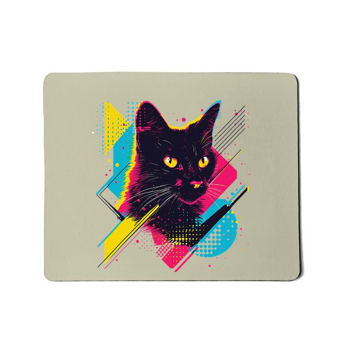 Vibrant Pop Art Cat With Geometric Patterns Mousepad