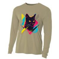 Vibrant Pop Art Cat With Geometric Patterns Cooling Performance Long Sleeve Crew