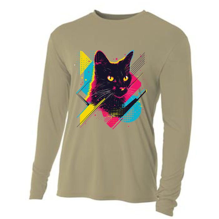 Vibrant Pop Art Cat With Geometric Patterns Cooling Performance Long Sleeve Crew