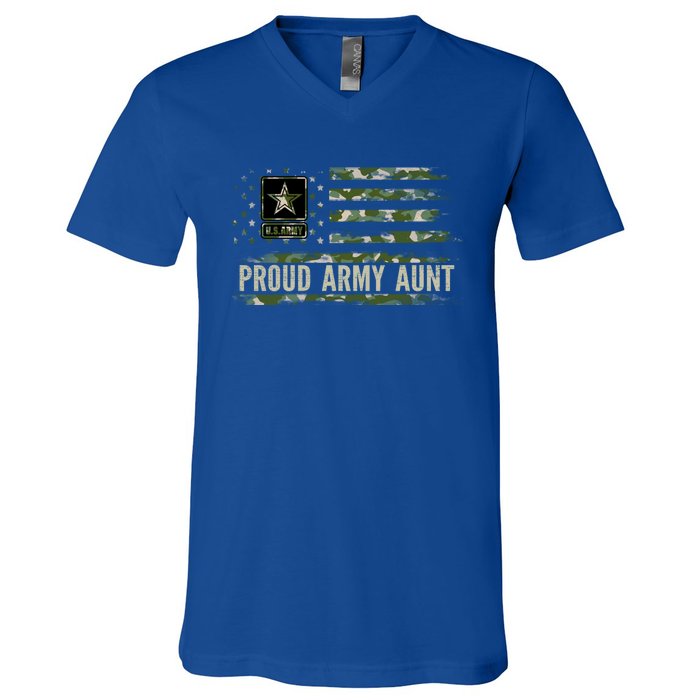 Vintage Proud Army Aunt Camo American Flag Veteran Gift Meaningful Gift V-Neck T-Shirt