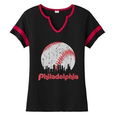 Vintage Philadelphia Baseball Skyline Retro Cityscape Ladies Halftime Notch Neck Tee