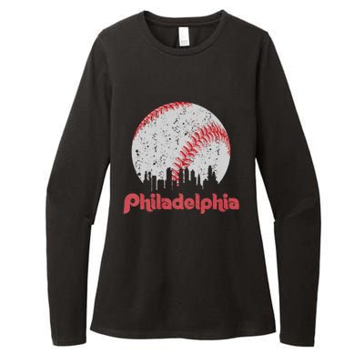 Vintage Philadelphia Baseball Skyline Retro Cityscape Womens CVC Long Sleeve Shirt