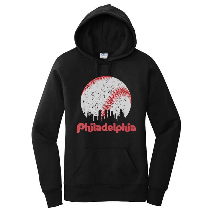 Vintage Philadelphia Baseball Skyline Retro Cityscape Women's Pullover Hoodie