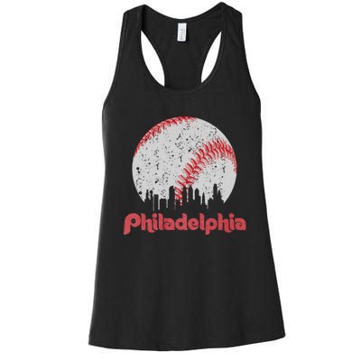 Vintage Philadelphia Baseball Skyline Retro Cityscape Women's Racerback Tank