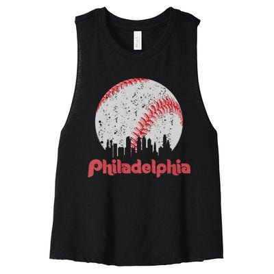 Vintage Philadelphia Baseball Skyline Retro Cityscape Women's Racerback Cropped Tank