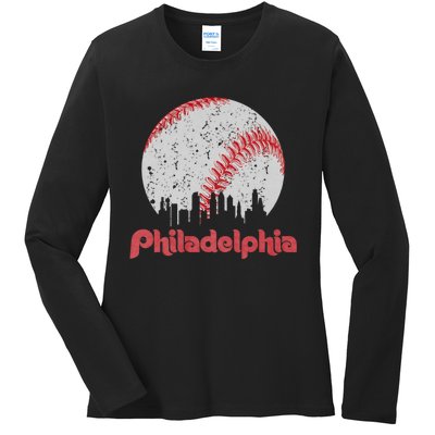 Vintage Philadelphia Baseball Skyline Retro Cityscape Ladies Long Sleeve Shirt