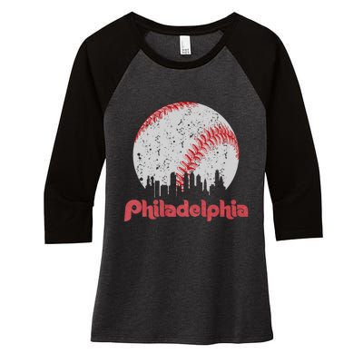 Vintage Philadelphia Baseball Skyline Retro Cityscape Women's Tri-Blend 3/4-Sleeve Raglan Shirt