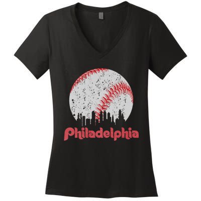 Vintage Philadelphia Baseball Skyline Retro Cityscape Women's V-Neck T-Shirt