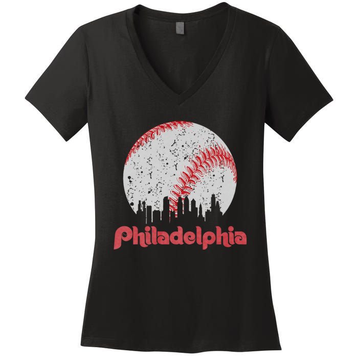 Vintage Philadelphia Baseball Skyline Retro Cityscape Women's V-Neck T-Shirt