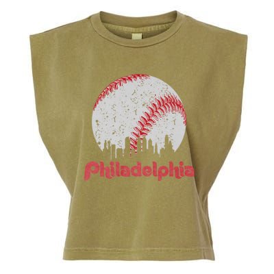 Vintage Philadelphia Baseball Skyline Retro Cityscape Garment-Dyed Women's Muscle Tee