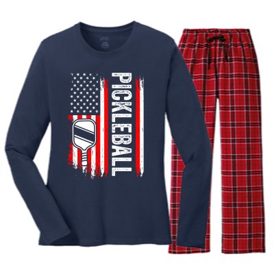 Vintage Pickle Ball Lover Usa Flag Us Flag Pickleball Player Women's Long Sleeve Flannel Pajama Set 