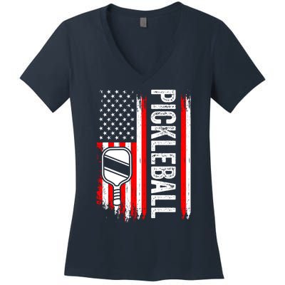 Vintage Pickle Ball Lover Usa Flag Us Flag Pickleball Player Women's V-Neck T-Shirt