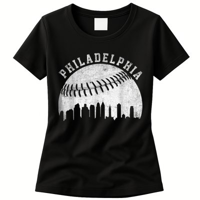 Vintage Philadelphia Baseball Skyline Retro Philly Cityscap Womens T-Shirt