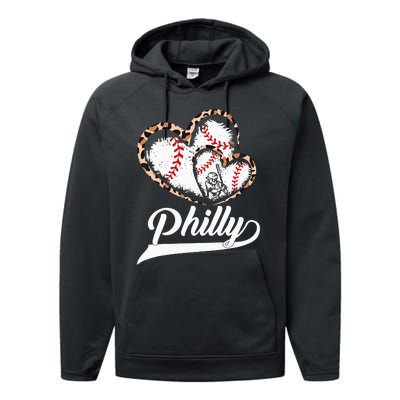 Vintage Philly Baseball Leopard Heart Baseball Fans Performance Fleece Hoodie