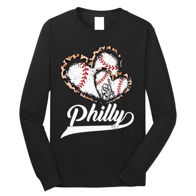 Vintage Philly Baseball Leopard Heart Baseball Fans Long Sleeve Shirt