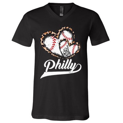 Vintage Philly Baseball Leopard Heart Baseball Fans V-Neck T-Shirt