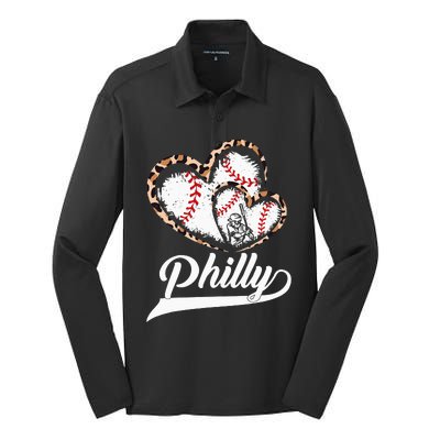 Vintage Philly Baseball Leopard Heart Baseball Fans Silk Touch Performance Long Sleeve Polo