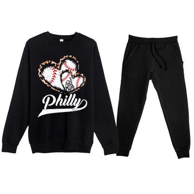 Vintage Philly Baseball Leopard Heart Baseball Fans Premium Crewneck Sweatsuit Set